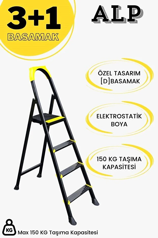 Alp Siyah 3+1 Metal Basamaklı Katlanabilir Merdiven